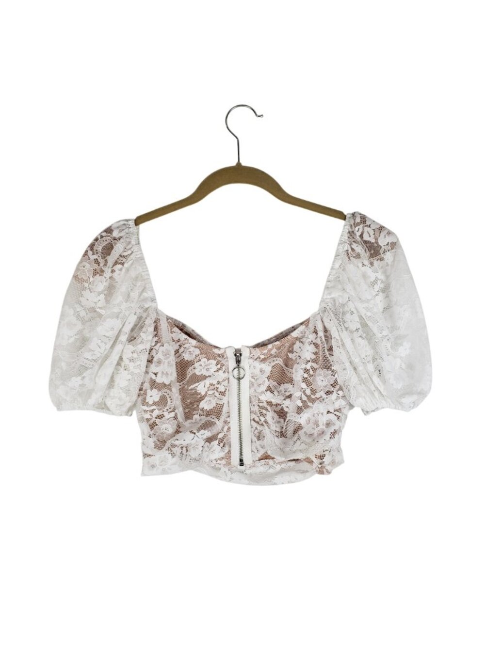 For Love and Lemons Rosalie Crop Top White Lace Puff Sleeve Bustier Womens Large - Picture 3 of 8